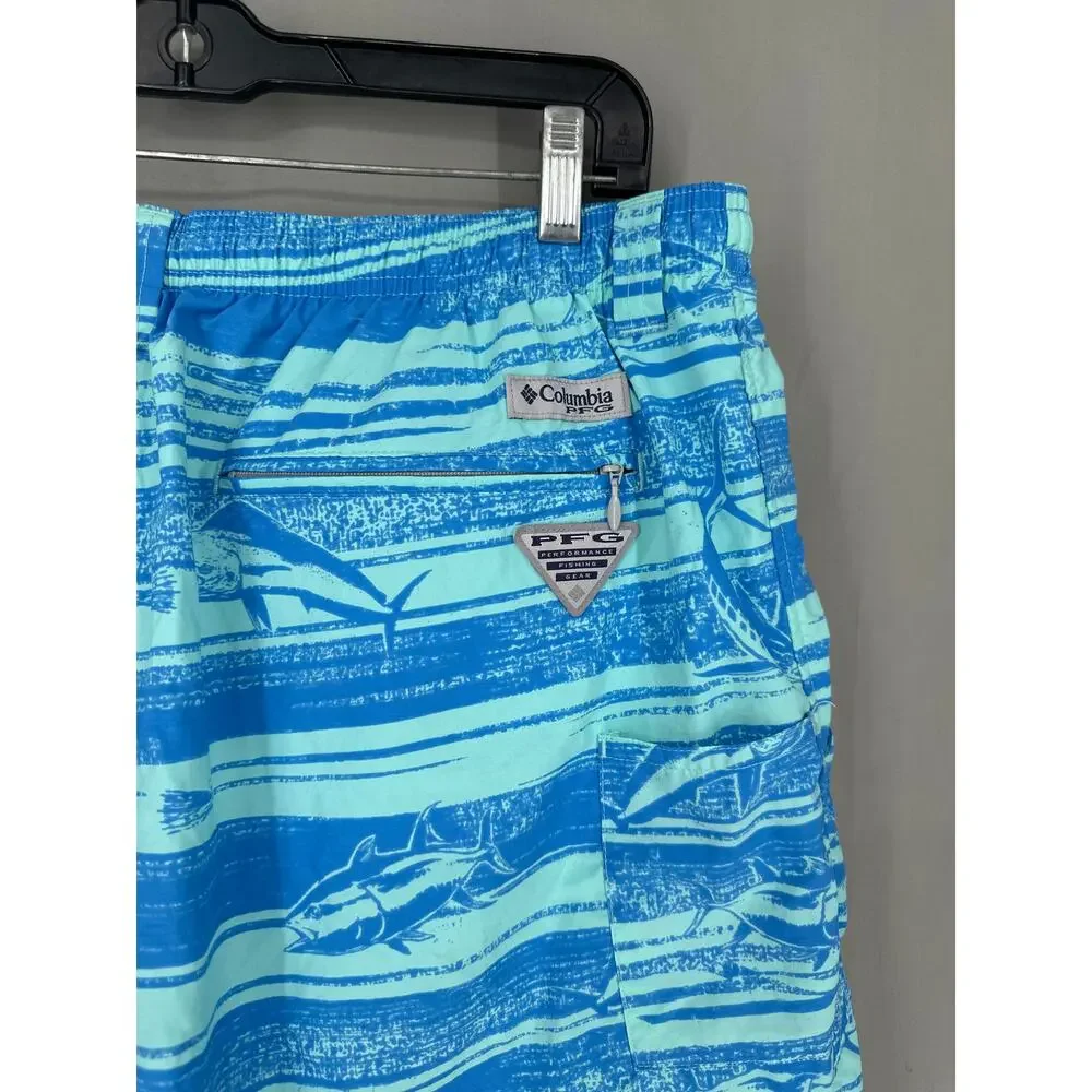 Columbia PFG Swim Trunks Men XL Blue Fish Print Omni Shade Mesh Lined Drawstring